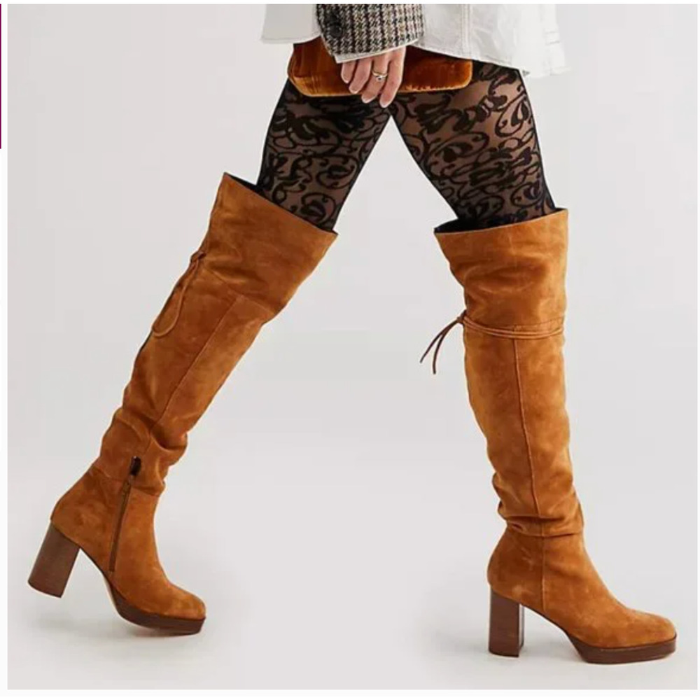 NWT FREE PEOPLE Suede Echo Platform Over The Knee Boots 8.5 Cognac Tan Camel